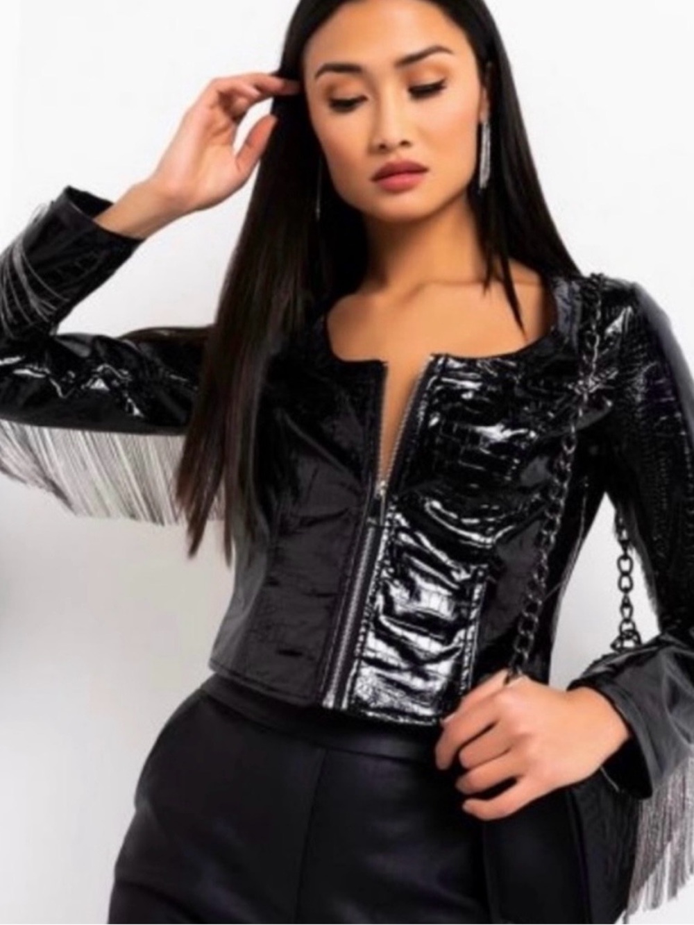 AKIRA Black Croc Patent Chain Fringe Moto Biker Jacket XL
